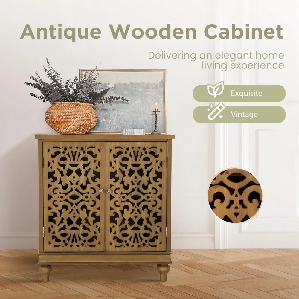 Accent Cabinet with Doors, Distressed Storage Cabinet with Wood Frame and Hollow-Carved Floral Doors for Entryway Living Room