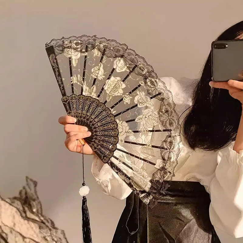 Lace Decorative Fans Folding Hand Fan Black White Dancing Fans Wedding Party Stage Performance Fan Gifts For Guest