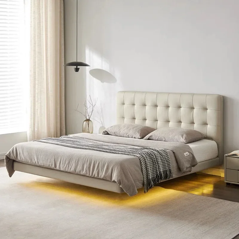 

Italian minimalist custom leather suspension bed Internet celebrity cream wind white master bedroom big wedding bed