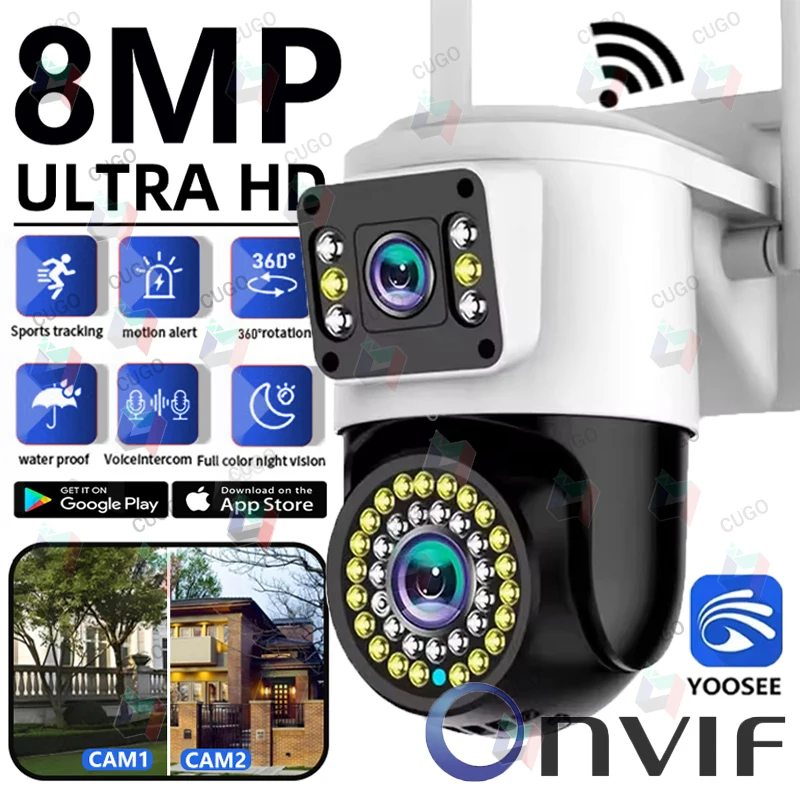 

Камера Yoosee 8 МП 4K WiFi с двумя объективами, уличная, водонепроницаемая, с ночным видением, двусторонней аудиосвязью, отслеживанием по мобильному устройству, IP-камера Onvif