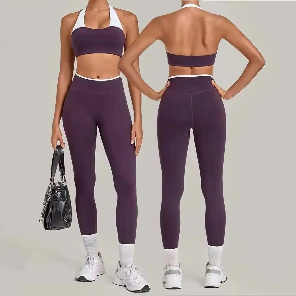 Women's 2 Piece Yoga Set Halter Neck Backless Bra High Waist V Back Leggings Butt Lifting Squat Proof Gym Run Fitness Activewear