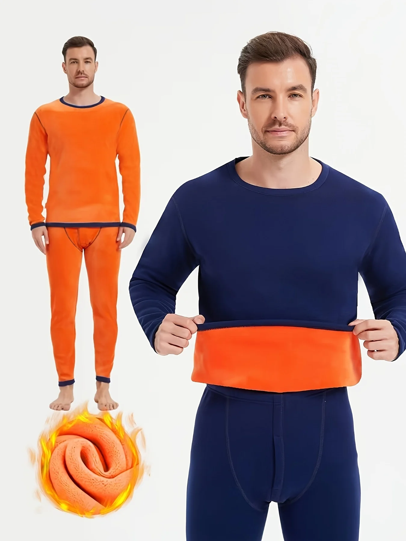 Conjunto térmico masculino de inverno forrado de lã grosso com gola redonda e cor sólida com top e calça para proteção contra frio