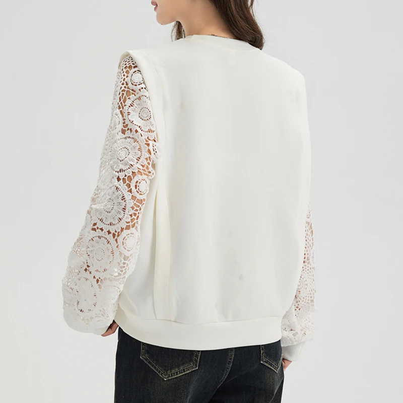 Letter Embroidered Flower Hollow Out Women White Sweatshirts Loose Casual O-Neck Long Sleeve Fashion Pullovers Female 2025 New