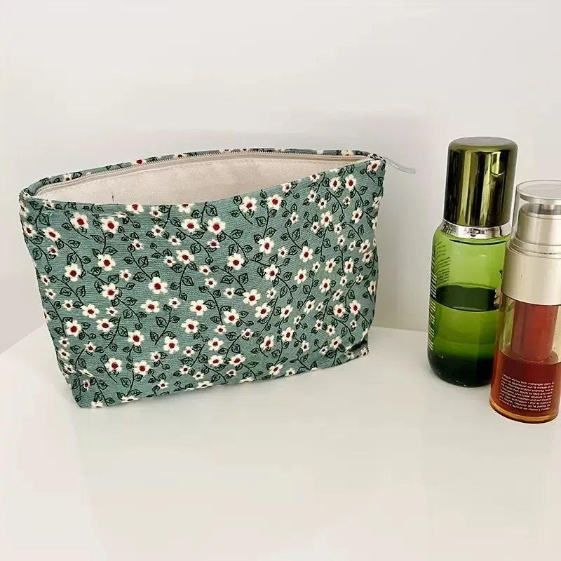 Sweet Corduroy Toiletry Bag, Green Small White Flower Cosmetic Bag, Makeup Tool Storage Bag, Clutch Bag, Girlfriend Gift