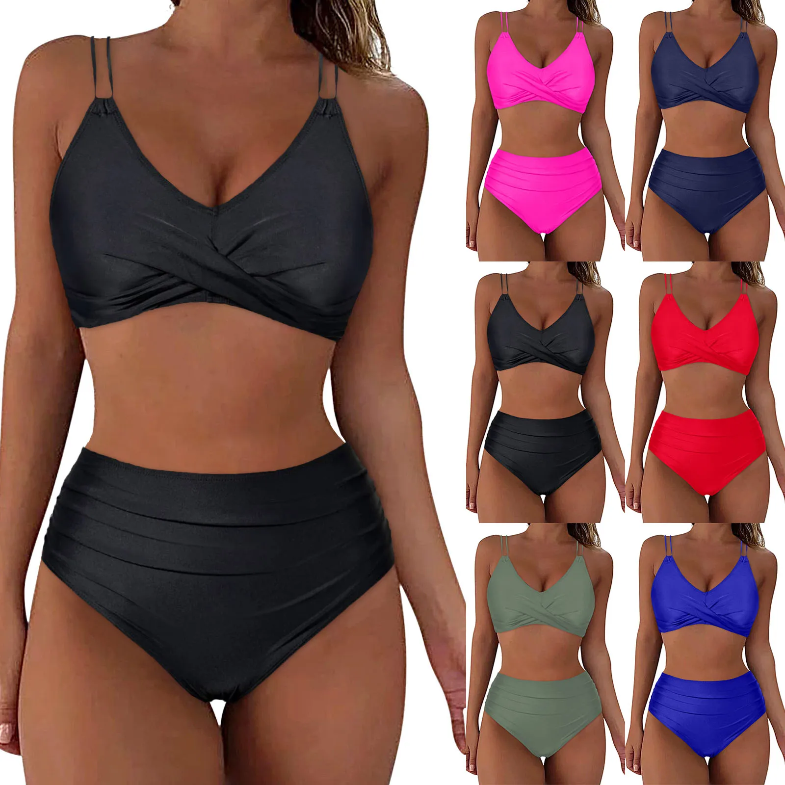 Bikini de dos piezas con Push-Up para mujer, traje de baño Sexy Vintage de Color puro arrugado, trajes de baño con espalda abierta, ropa de playa