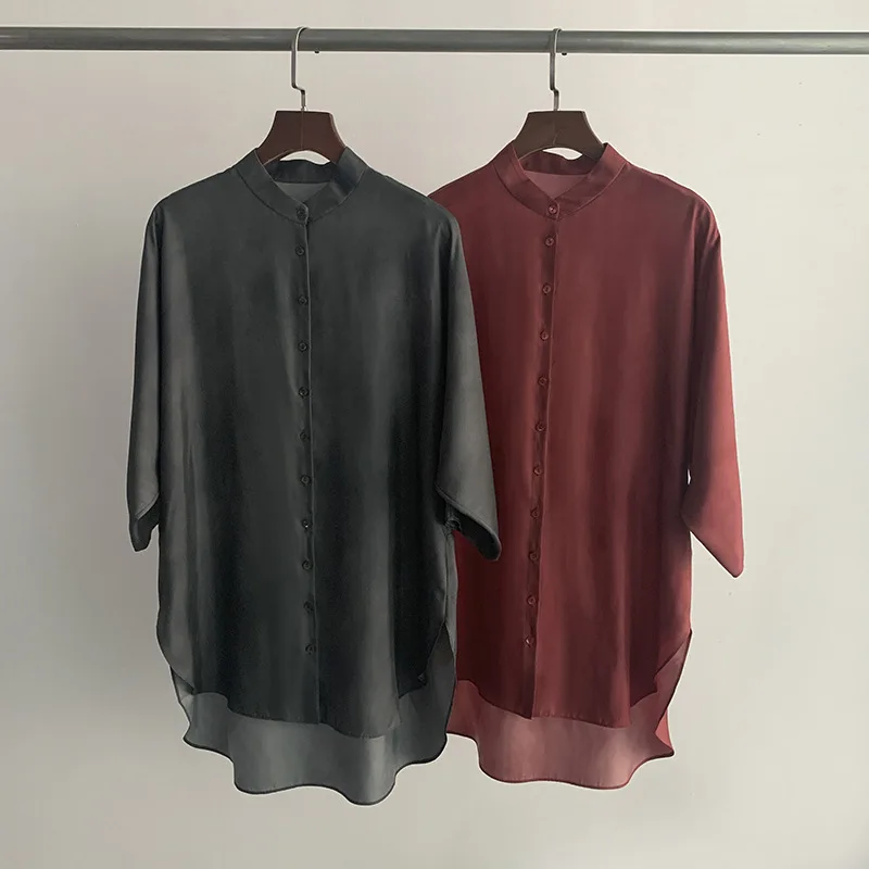 

Trendy Silhouette Drop-Shoulder Three-Quarter Sleeves Stand-Up Collar Single-Button Flowing Long Shirt