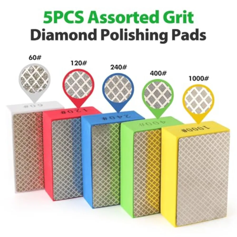 Diamond Hand Polishing Pads, 5PCS Diamond Sanding Pads 60/120/240/400/1000 Grit Sanding Block Foam Backing for Tile Glass Stone