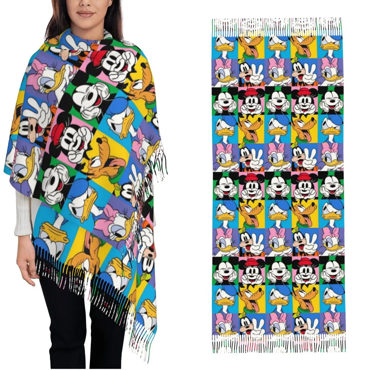 Mickey Minnie Mouse Donald Duck Scarf for Women Winter Warm Cashmere Shawls and Wrap Cartoon Cute Long Large Shawl Scarf Ladies