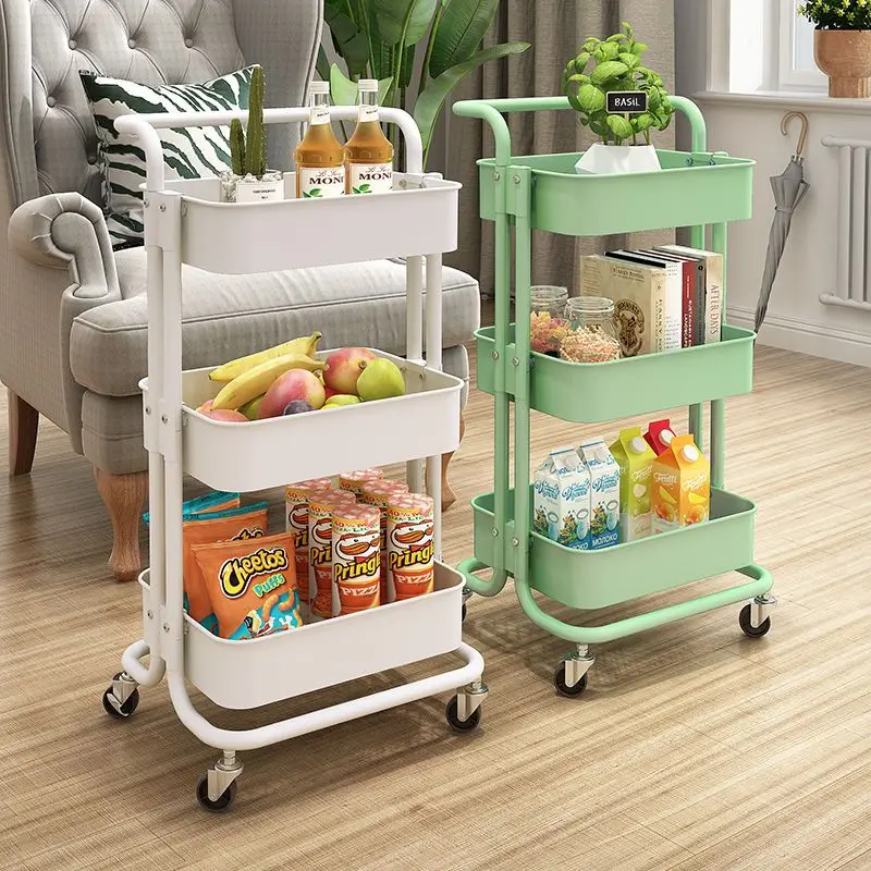 

New three-layer carbon steel mobile trolley rack, living room bedroom snack storage rack