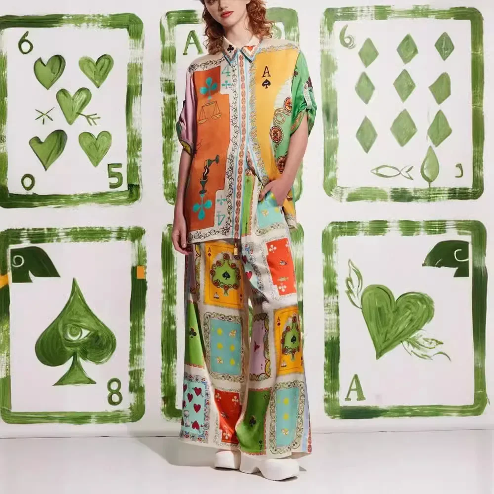 2026-casual-womens-2-piece-sets-loose-summer-short-sleeve-poker-printed-blouse-shirt-wide-leg-pant-sets-female-Женский-Костюм