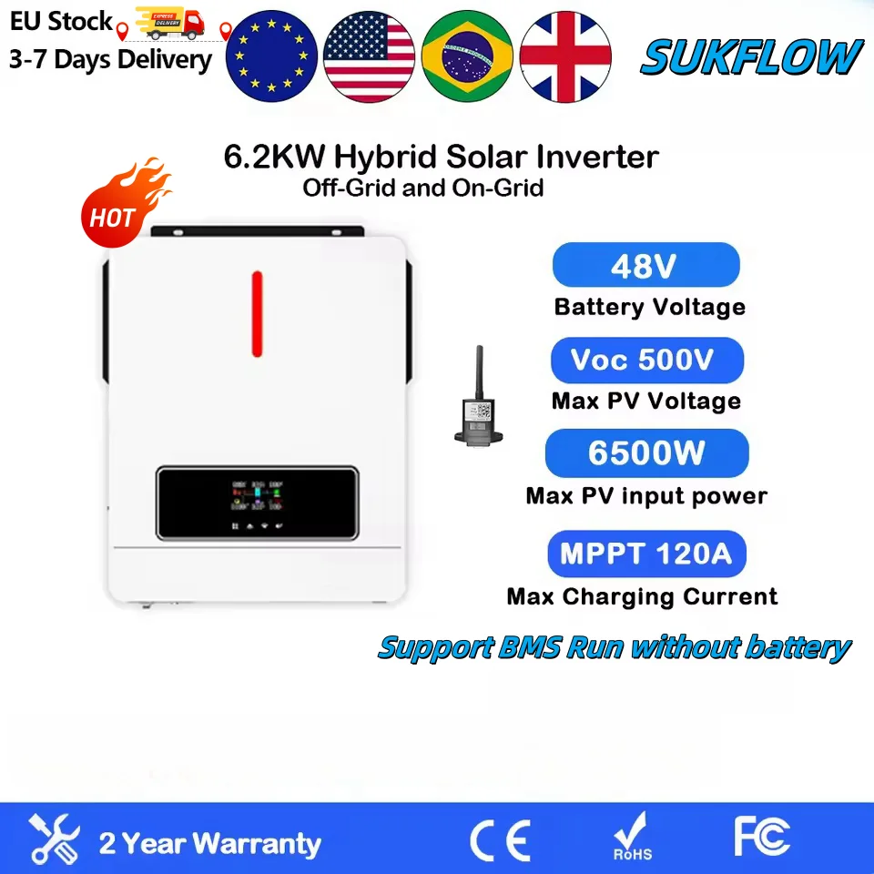 6.2KW Hybrid Solar Inverter | 48V to 220V Dual Output | 120A MPPT Charger (6500W PV Input) | Pure Sine Wave Power