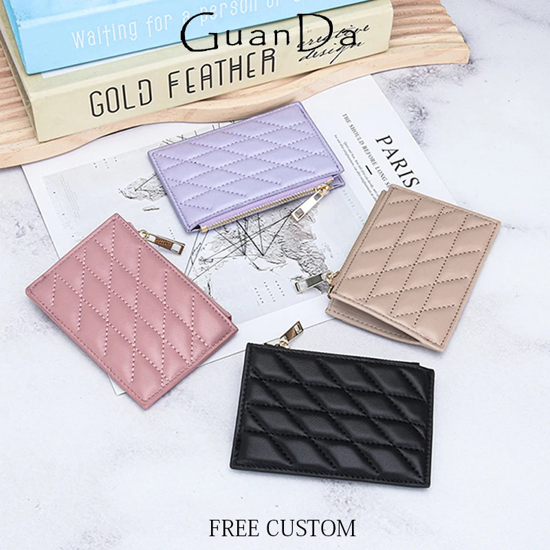 

Luxury Design Woman Sheepskin Card Wallet Fashion Zipper Lady Brand Coin Purse Plaid Genuine Leather Casual Card Holder Coin Bag