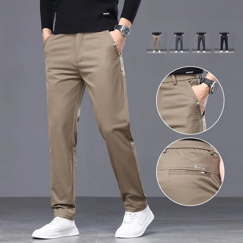 Herren-Herbsthose, Anzughose, Freizeithose, Business-Bürohose, klassische, gerade geschnittene Hose in Khaki-Grau, Arbeitshose mit elastischem Bund, Herrenmarke