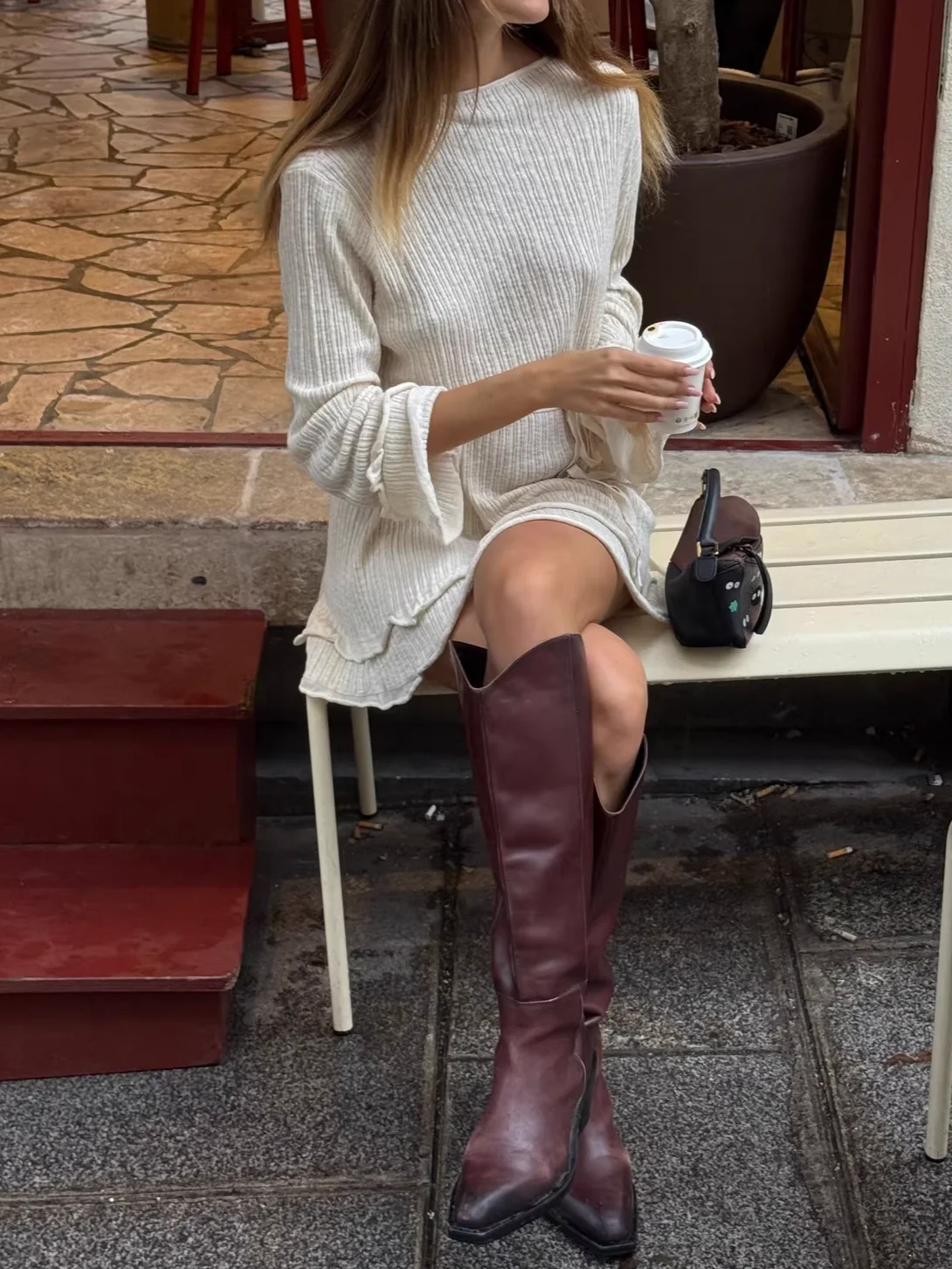 

Women Slim Knitted Mini Dress Boat Neck Long Sleeve Lace-up Waist Casual Female Robe