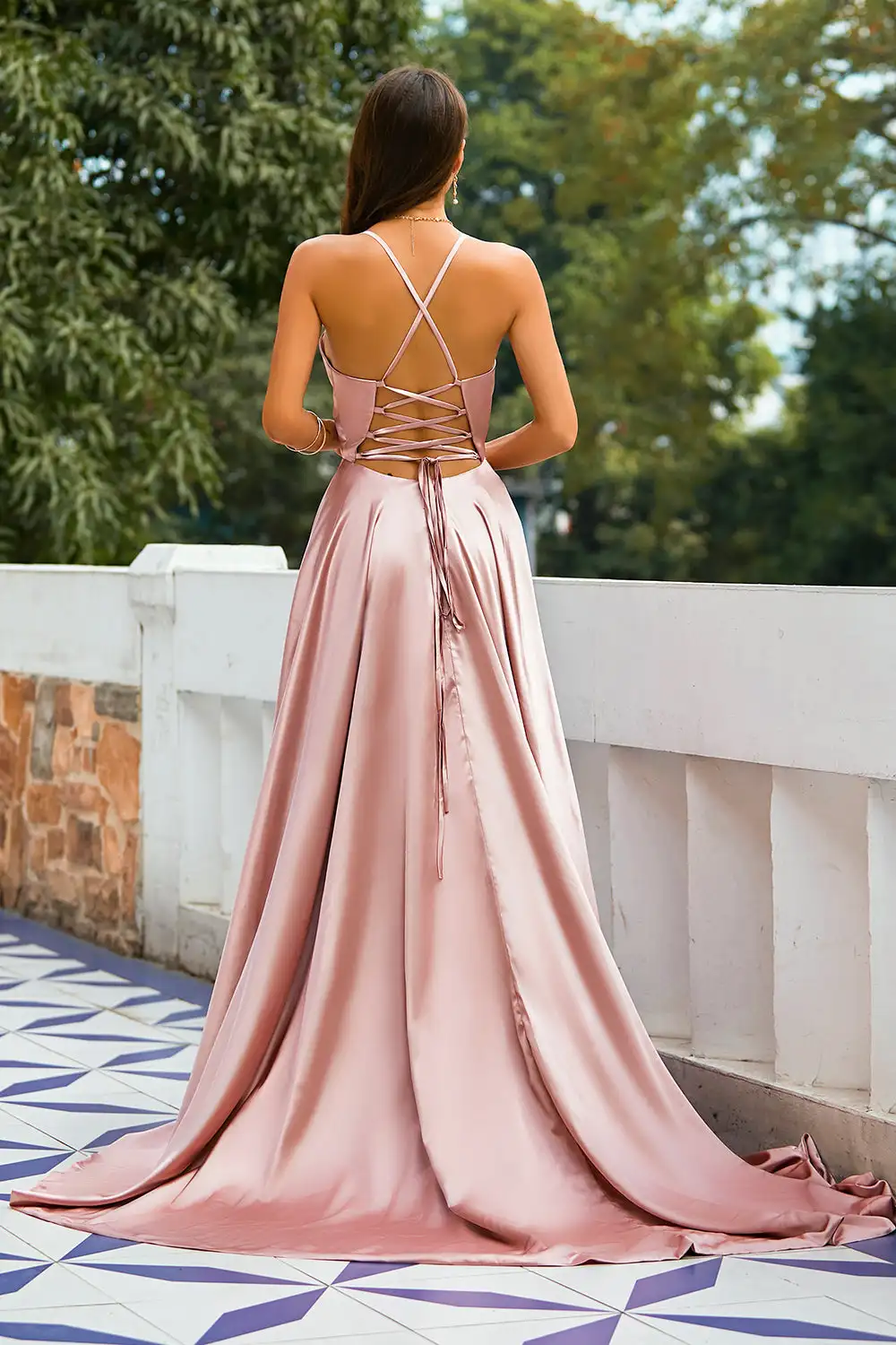 Vestido de noche de satén elástico con abertura frontal y escote en V profundo, vestido de fiesta Formal con tirantes finos, línea A, Rosa