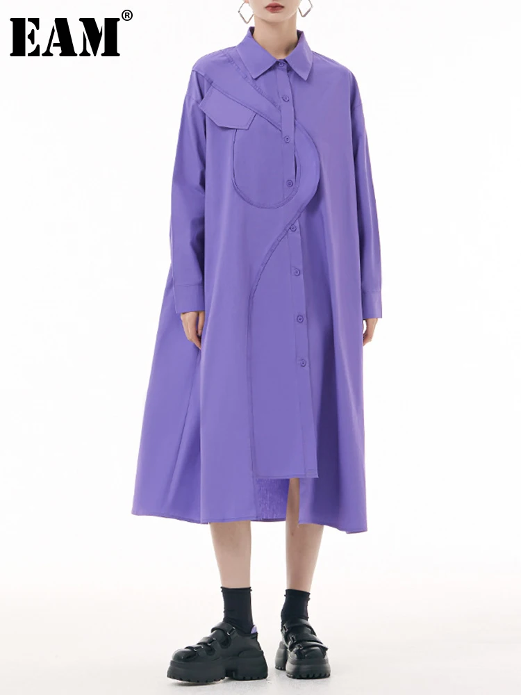 [EAM] Women Purple Irregular Spliced Big Size Shirt Dress New Lapel Long Sleeve Loose Fit Fashion Spring Autumn 2025 1DH0654