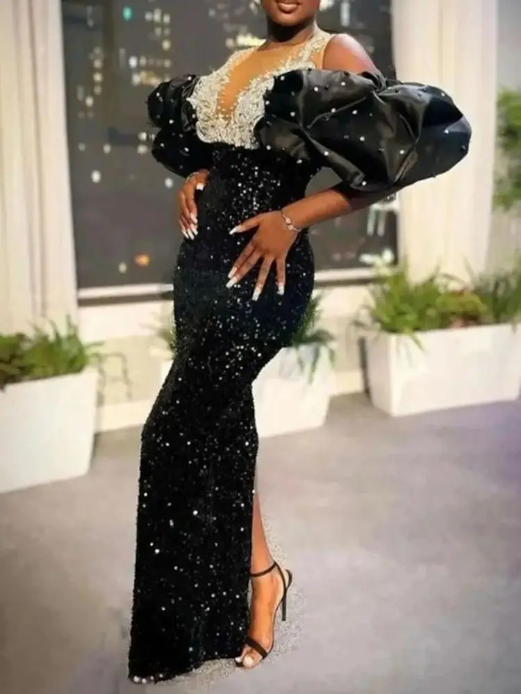 Sequined Spring Summer 2023 Elegant African Women Short Sleeve Puff Sleeve Black Polyester Long Robes African Dresses for Women