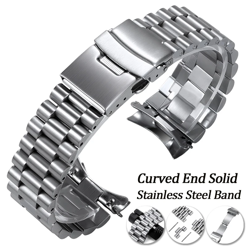 Bracelet en acier inoxydable à extrémités courbes pour Jubilee pour Seiko SKX007/009, bracelet de montre en métal massif 20 mm 22 mm avec boucle déployante sécurisée