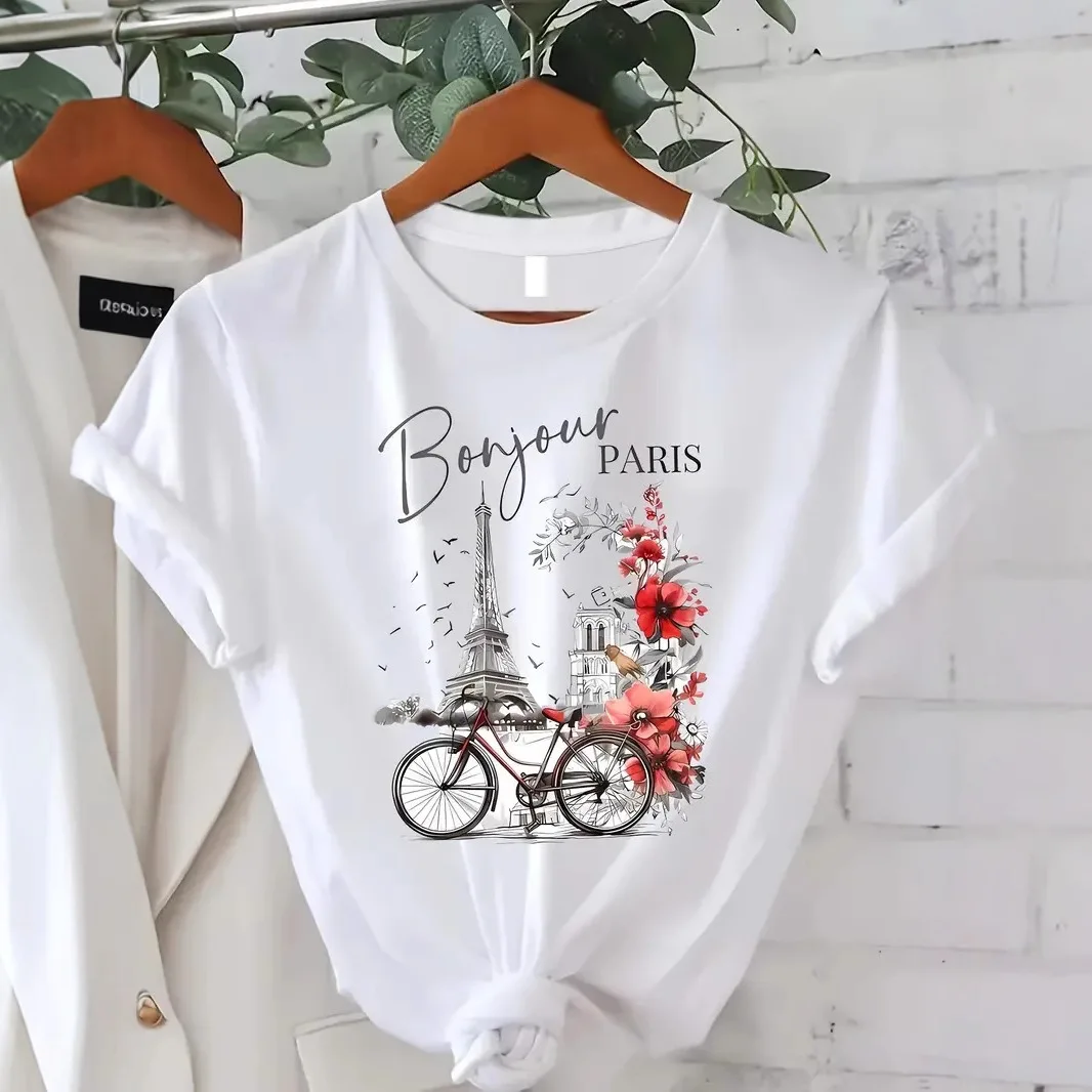 Women O Neck T Shirt Bicycle Daisy Flower Print Short Sleeve Casual Ladies Summer Floral Fashion Tees Tops Graphic T Shirts
