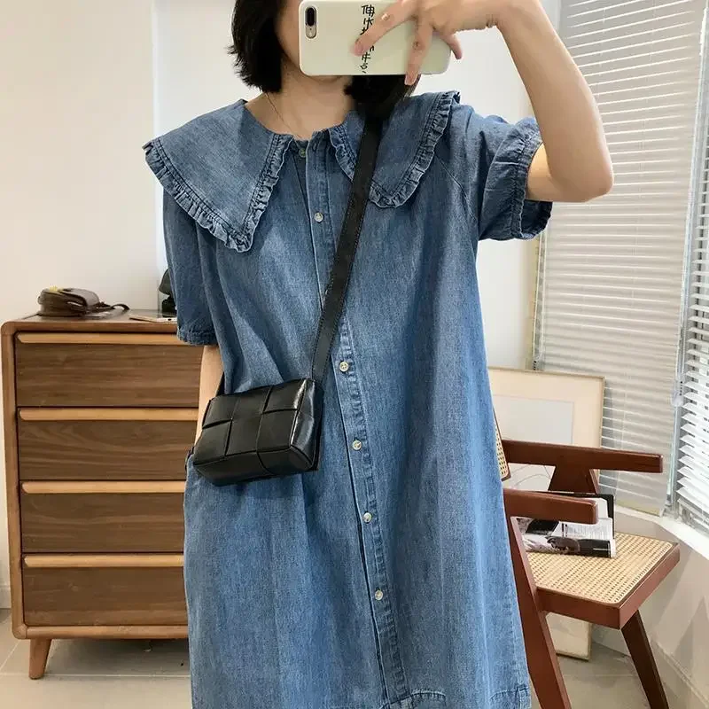 Gaun Denim kerah boneka musim panas dan semi gaya Korea gaun Midi lucu longgar lengan pendek E406