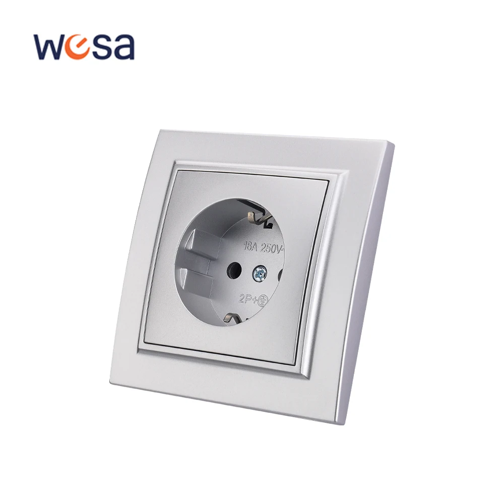 WESA Silvery Socket Plug Power Socket EU Electrical Outlett With Ground Flame Retardant Spray Paint Plastic Wall Embed Socket