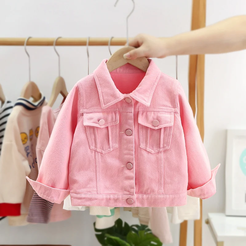 Solid Color Pink Kids Denim Jackets Outerwear 2023 New Spring Autumn Turn Down Collar Single Breasted 1-6 Years Girls Jean Coats