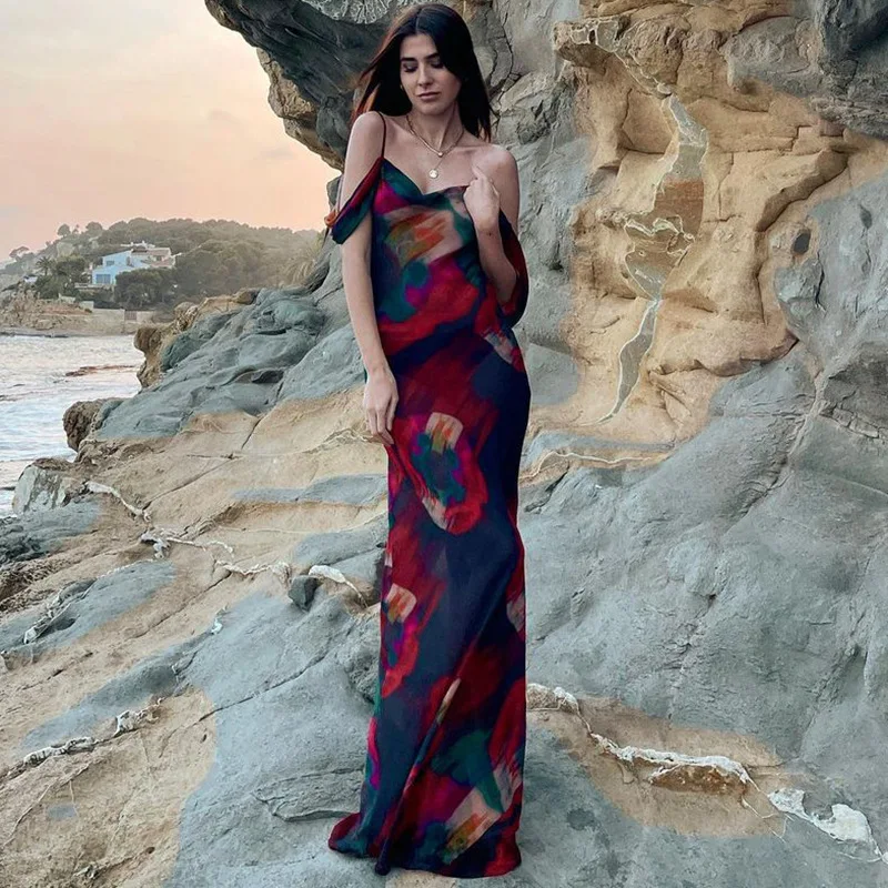 Vestido largo bohemio con estampado Floral para mujer, traje Sexy de malla con tirantes finos y corte en A para fiesta de noche, Verano