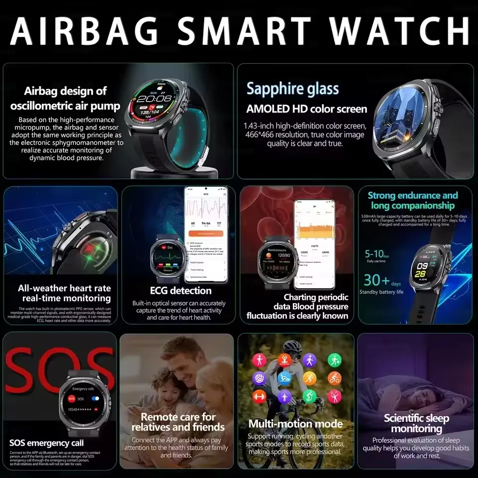2025New Grado infermieristico Pompa d'aria Airbag Misura accurata ECG Ossigeno nel sangue SmartWatch Uomo Pressione sanguigna Fitness Sport SmartWatch