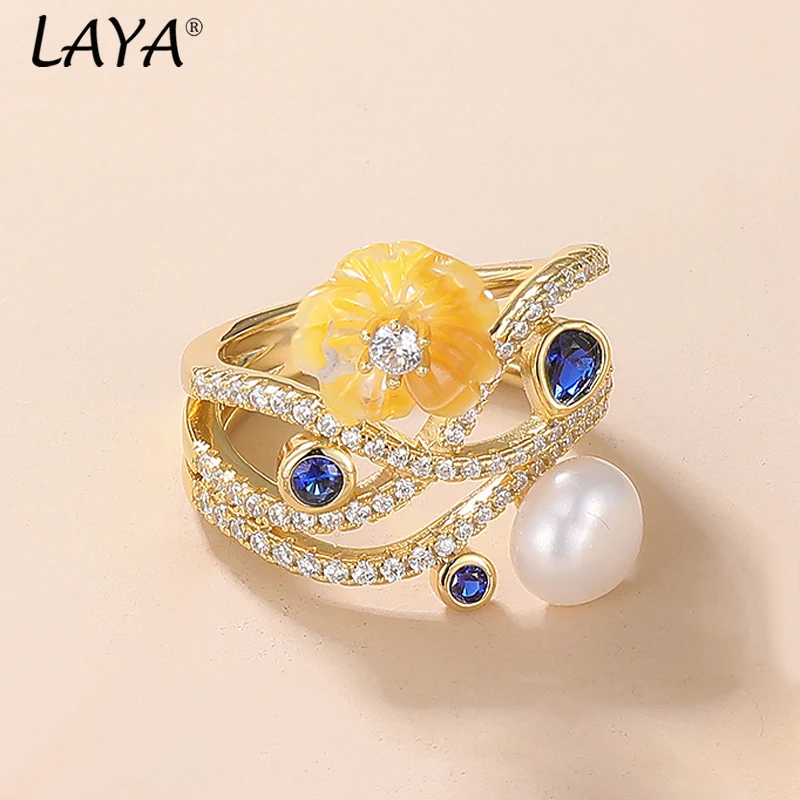 LAYA 925 Sterling Silver White Freshwater Bread Beads Fashion Natural Shell Flower New Ring Sapphire Zircon For Wedding Jewelry