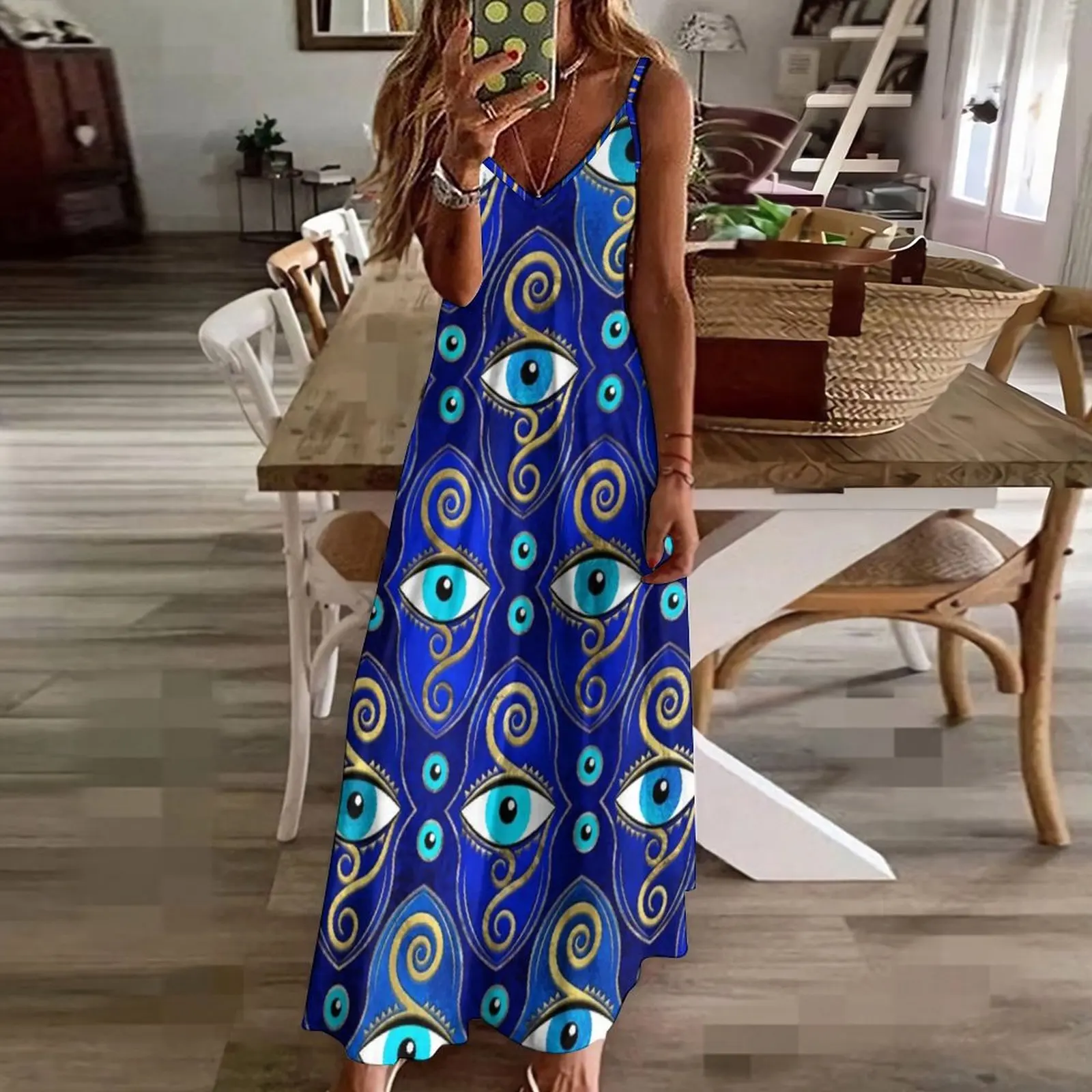 Evil Eye Charm Pattern Dress Greek Eyes Mati Amulet Streetwear V Neck Boho Beach Long Dresses Graphic Sexy Maxi Dress 4XL 5XL