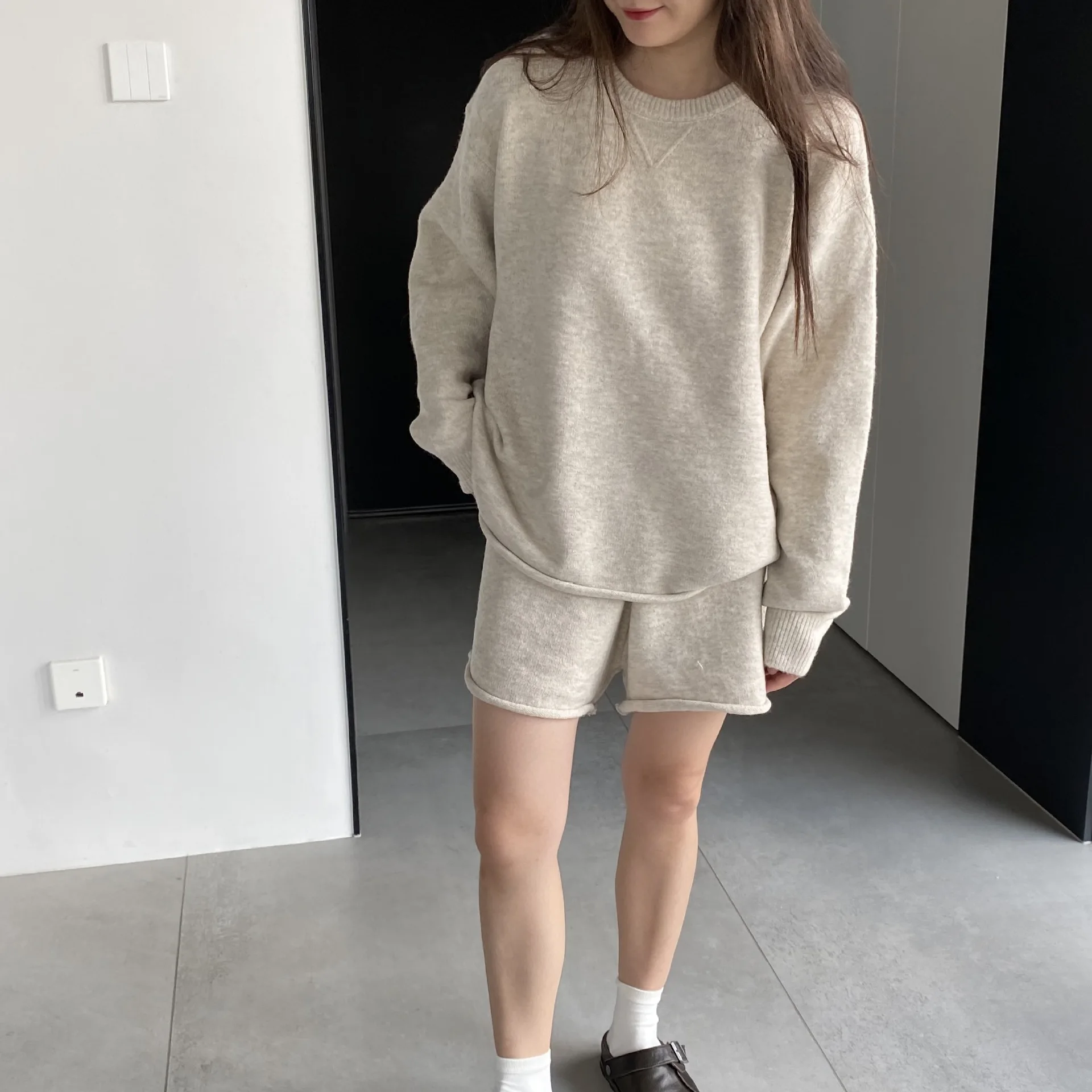 Solid Color Simple Shorts + Pullover Sweater Women Suit Loose Knitting Top And Drawstring Shorts Set Fall Winter Female Outfits