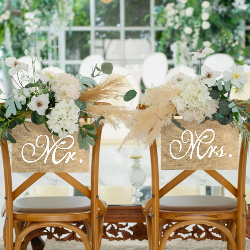 

1Pair Romantic Wedding Chair Place Signs Banner Mr Mrs Bride Groom Photo Booth Props Wedding Party Decoration supplies