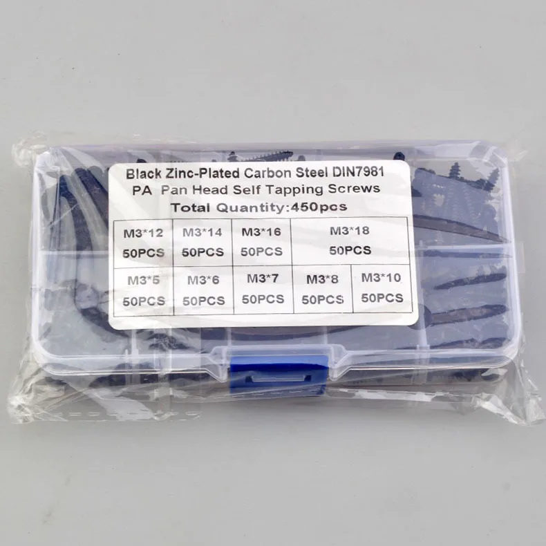 450/500pcs m3 screw set countersunk philips pan Head Self Tapping Screws mix set Black Carbon Steel m3x8 m3x10 m3x16 m3x18 m2x6