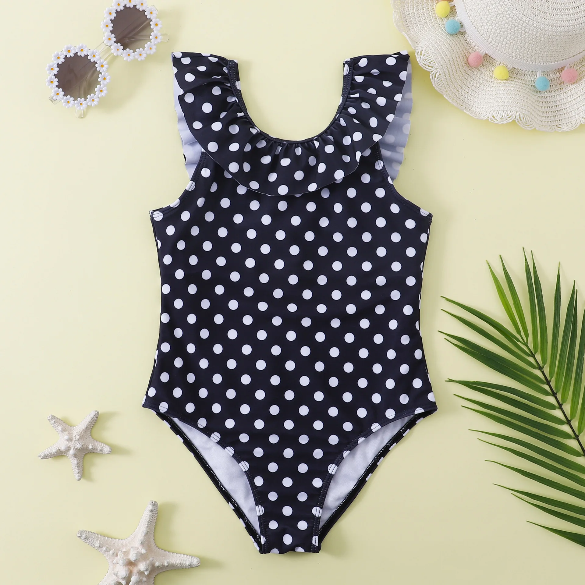 Retro Teenage Girls One Piece Swimsuit 7-12 Years Kids Polka Dot Print Swim Suit Ruffled Swimwear Beachwear Bathing Suits Summer