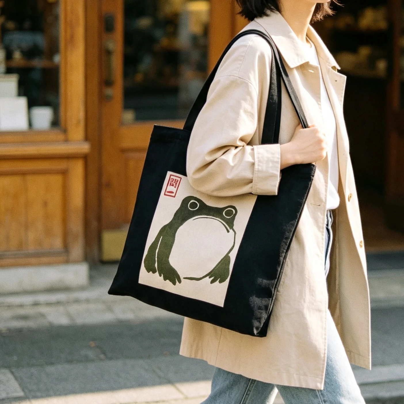 Japanese Vintage Frog Ukiyo-e Canvas Tote Bag Matsumoto Frog Print Shoulder Bag Aesthetic Frog Lover Casual Shopping Handbag