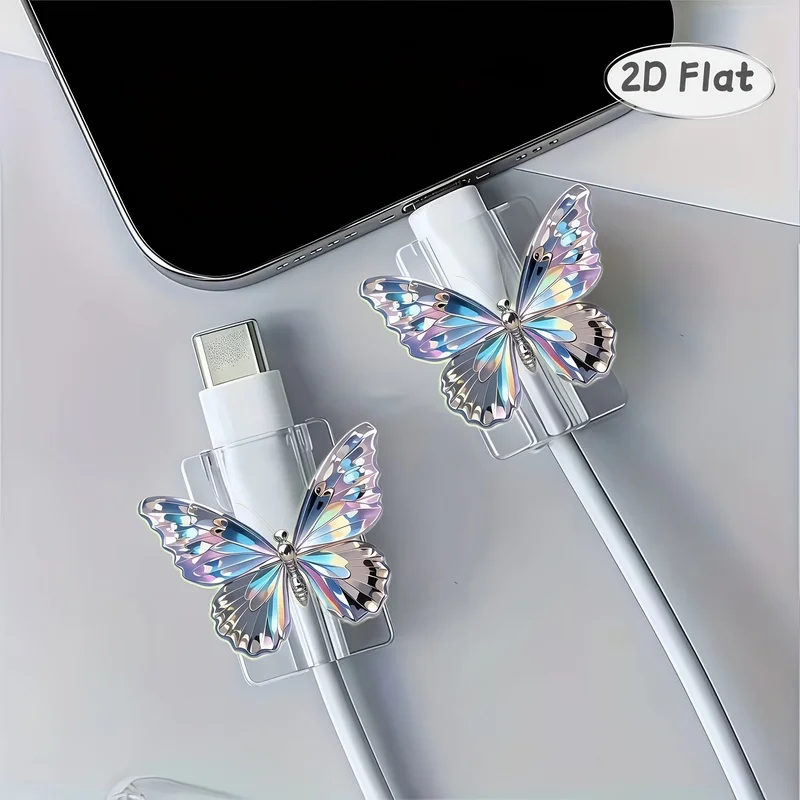 2Pcs 2D Flat Diamond Butterfly Cable Protector, Anti-Break Type-C Charging Cord Protective Cover, Durable Cute Data Line Sleeve