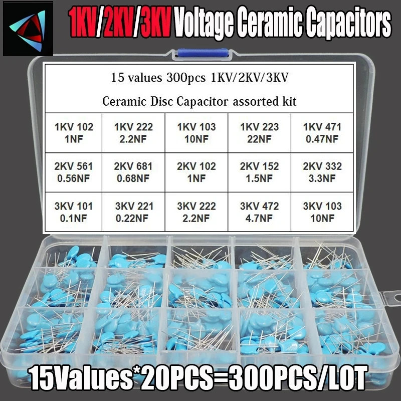 

300Pcs 15 values ​​1KV/2KV/3KV 0.1nF-22nF high voltage ceramic disk capacitor matching