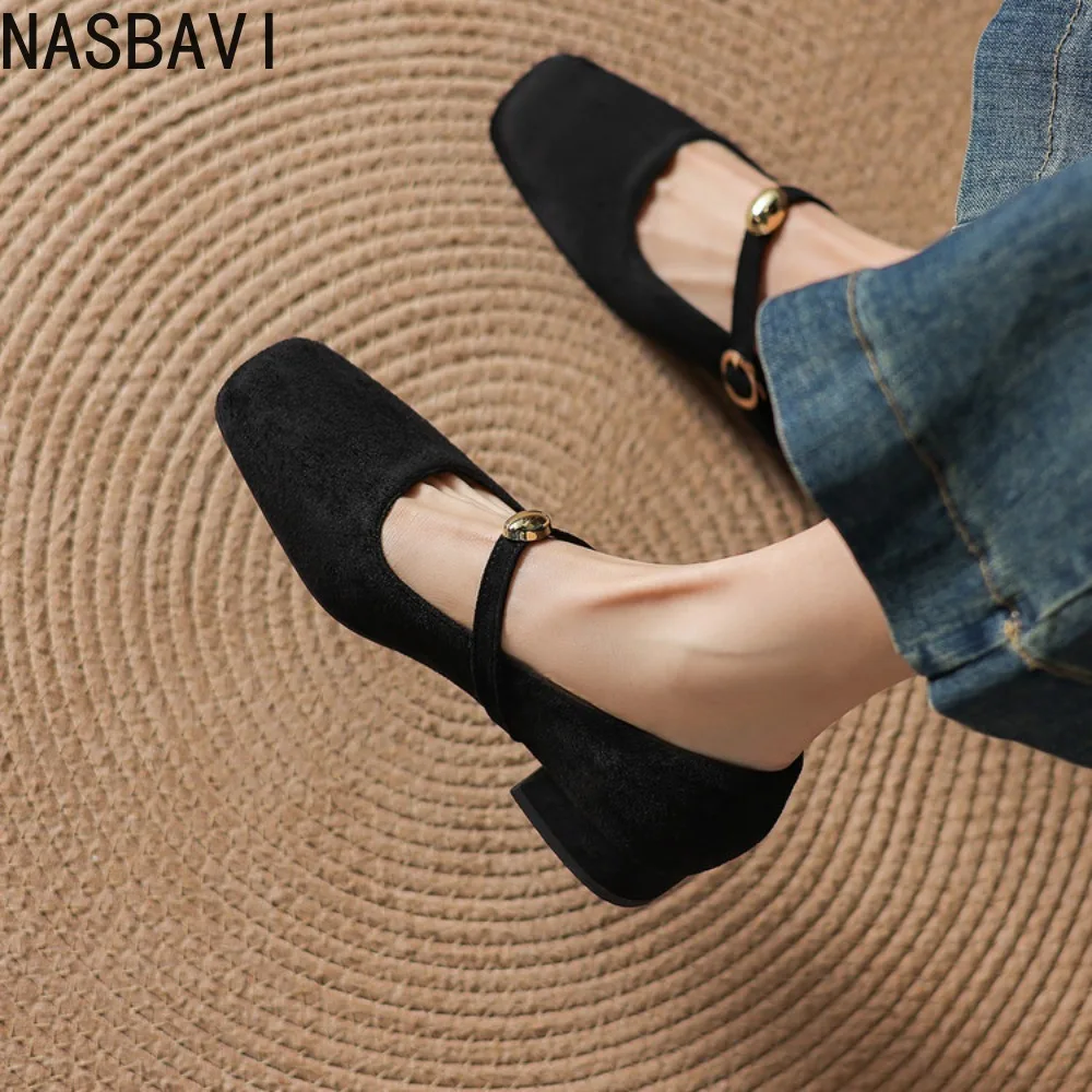 Women's Coarse Heel Shoes Spring Square Head Shallow Mouth Suede Leather Metal Buckle Low-top French Dress Single Shoes 32-43