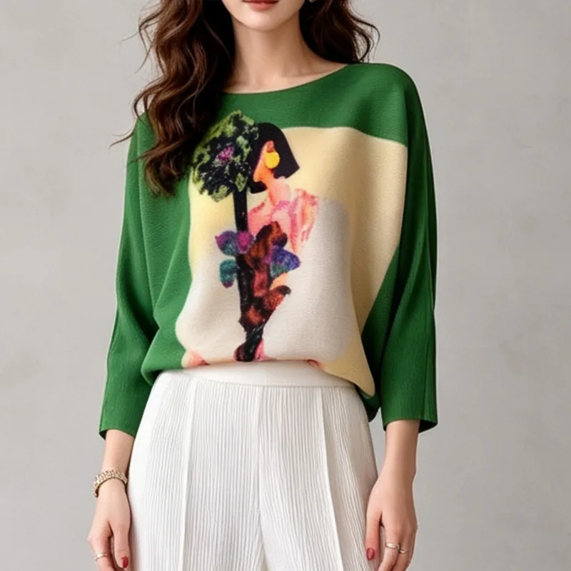Miyake Pleated Print T-Shirt Plisse 2026 Autumn New Casual Personality Design Print Fold T-Shirt Round Neck Loose Plus Size Top
