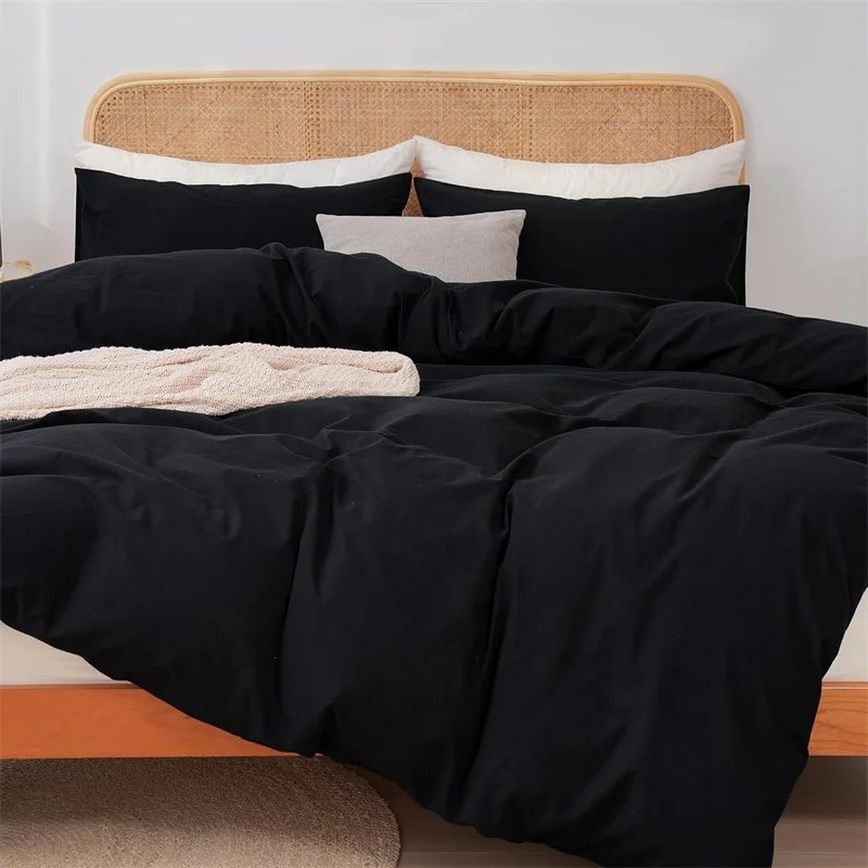 3pcs Duvet Cover Set with Pillow Case, Solid Color Bedding Set, Washed Cotton Comforter Cover, for Single Double King Queen Bed
