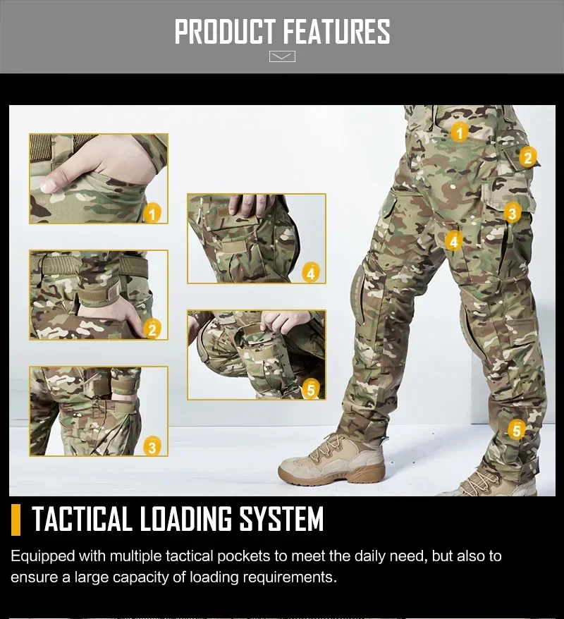 Männer Kampfhose mit Knieschützern Taktische Cargohose Sport Camo Multicam Training Trekking Jagdkleidung Verschleißfest – Detail 3