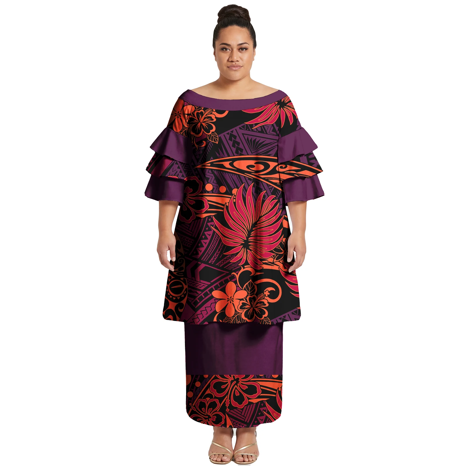 Custom Women Clothes Polynesian Cascading Ruffle Sleeve 2 Piece Set Hawaiian Ladies Top and Skirts Suit Tribal Samoan Puletasi