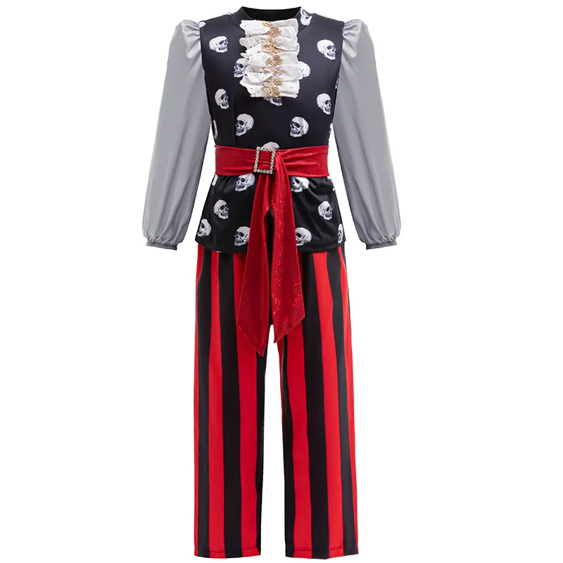 Halloween Boys Cosplay Pirate Captain Jack Costumes Carnival Children's Skull Print Top Striped Pants Performance Party Clothing