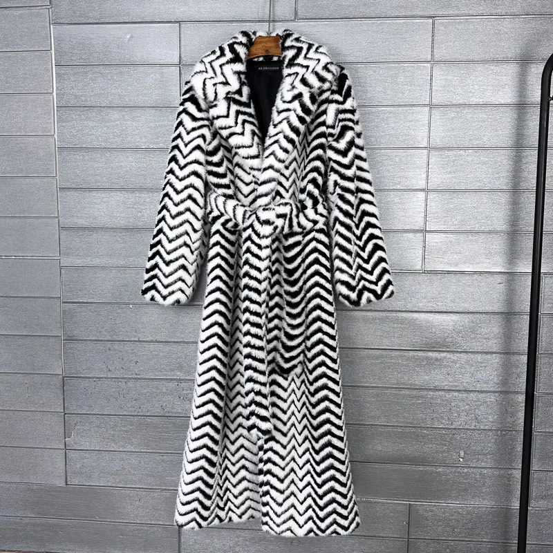 

Female Fashion Black-white Striped Faux Fur Coat Zebra-print Eco-friendly Wool Lapel Long Jacket Women's Winter Coats Promotion