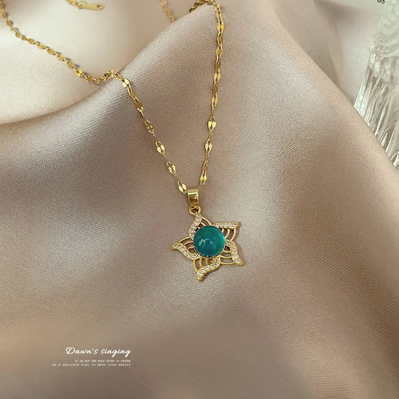 الفولاذ المقاوم للصدأ استشعار درجة الحرارة اللون تغيير الأزرق الأخضر كريستال قلادة زهرة المزاج حجر سلسلة قلادة للنساء #3