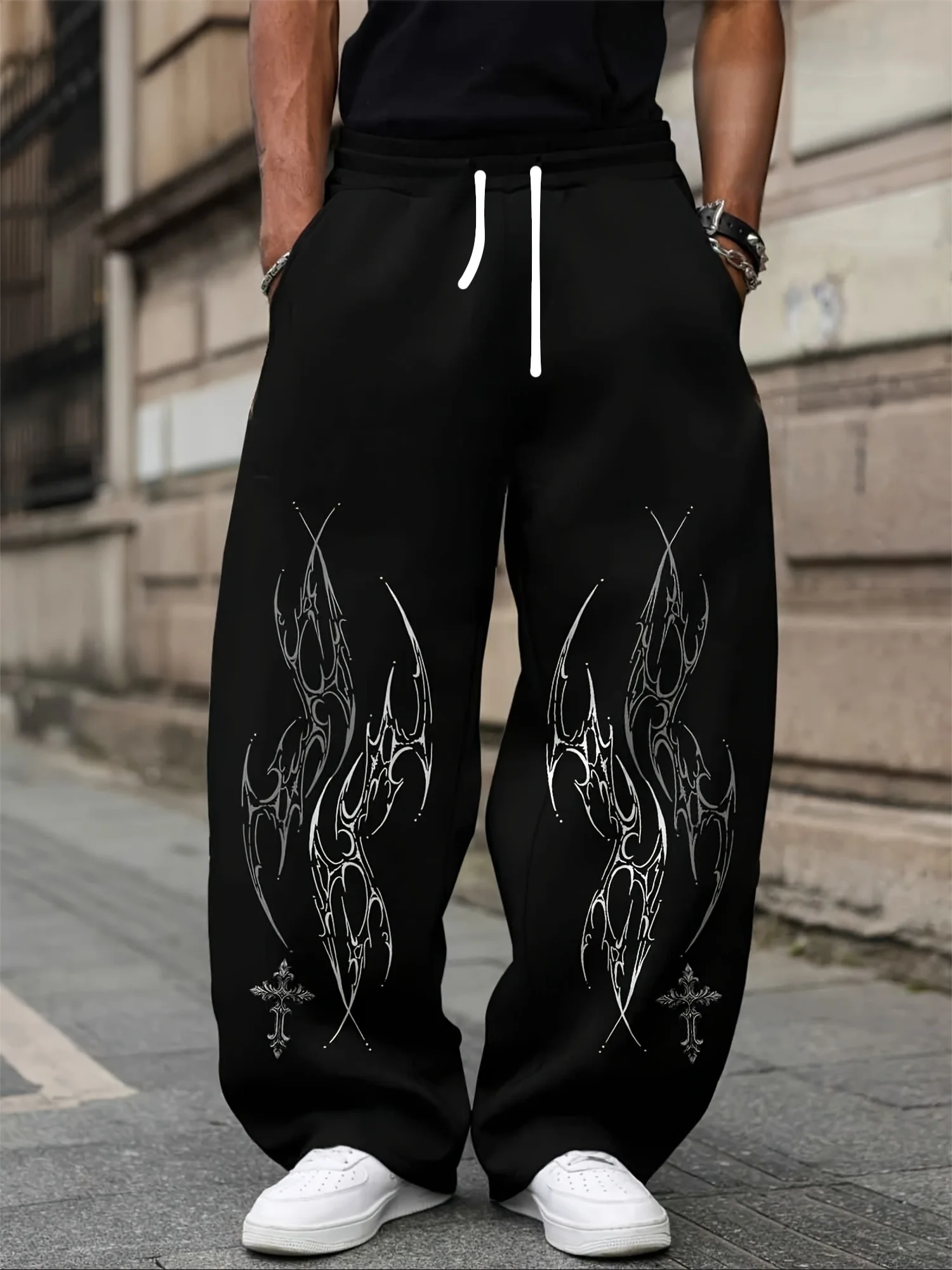 2026-27 Men Gothic Vertical Graphic Wide Leg Sweatpants Drawstring Loose Straight Baggy Y2K Dark Punk Streetwear Pants