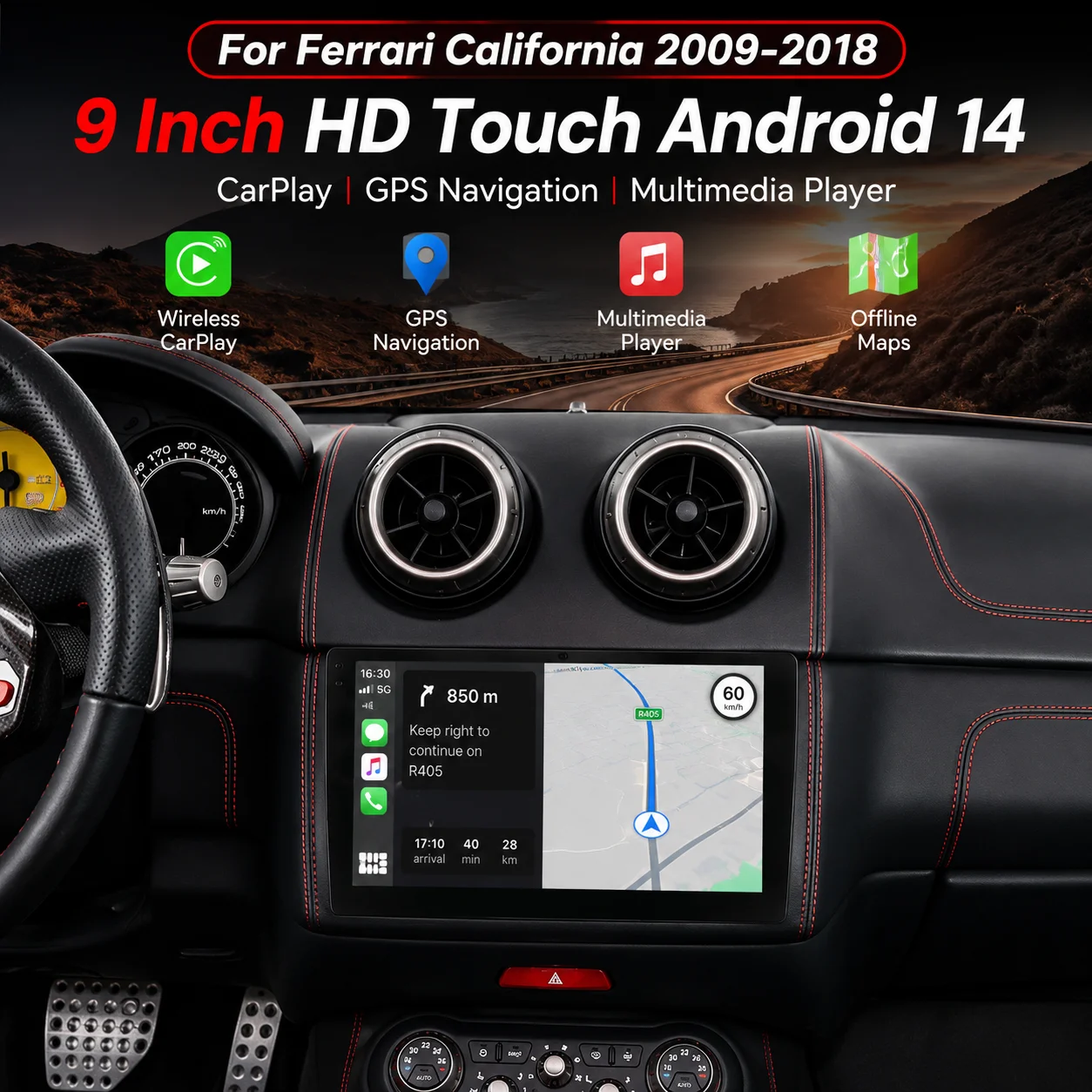 Lizpofly 9Inch HD Touch Android 14 Carplay For Ferrari California 2009-2018 Auto Multimedia Stereo Radio Player GPS Navi