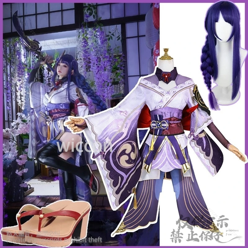 อะนิเมะเกม Genshin Impact Comic Con Raiden Shogun เครื่องแต่งกายชุดกิโมโนญี่ปุ่น Lolita ชุดวิกผมรองเท้าผู้หญิงฮาโลวีนคริสต์มาส