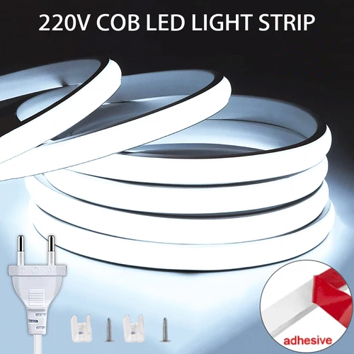 COB 스트립 LED 220V 고휘도 IP65 방수 야외 LED 스트립, 220V LED 리본 유연한 테이프, 가정 정원 장식