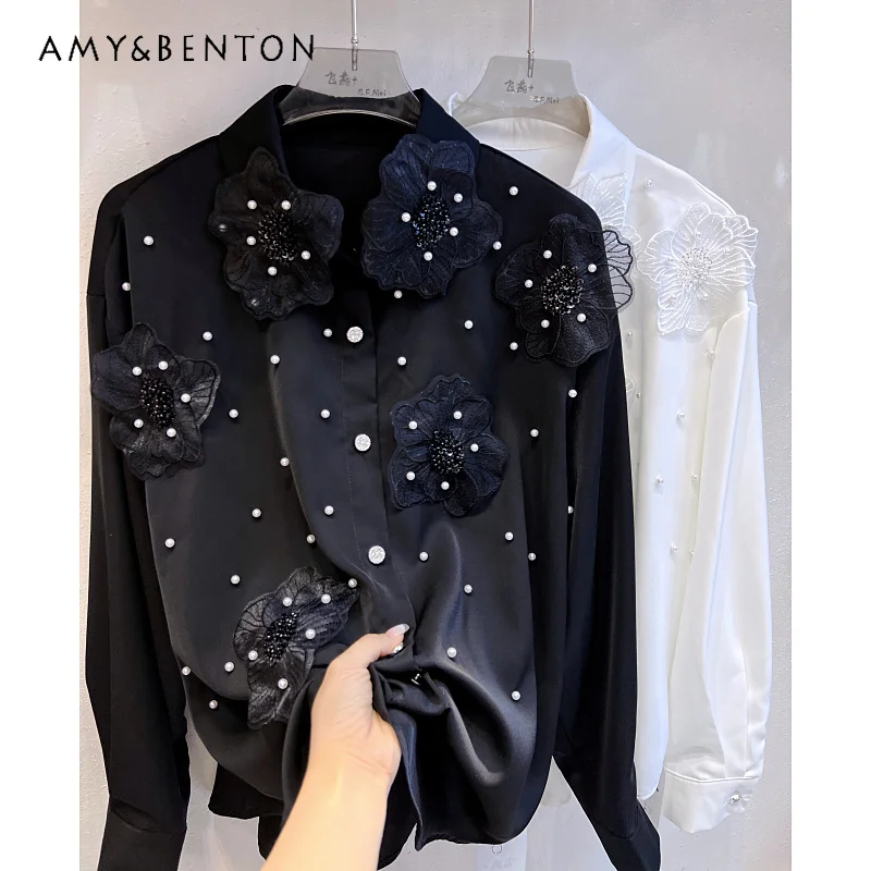 

French Temperament Ladies Heavy Industry Organza Embroidery Three-dimensional Flower Sequined Beaded Shirt High Sense Camisas